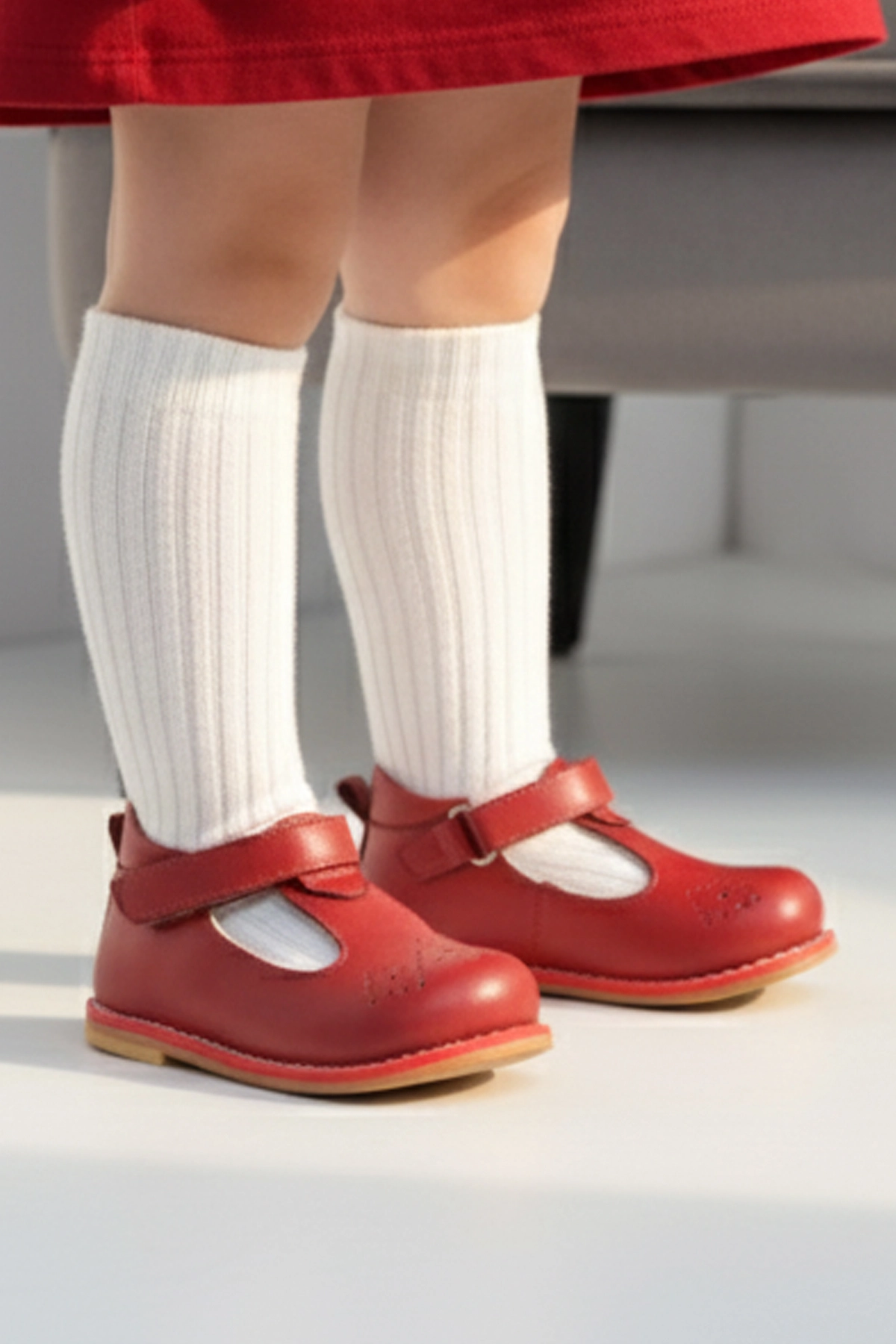 Hakiki Deri Cırtlı Ortopedik İlkadım Ayakkabı Kırmızı CV-473