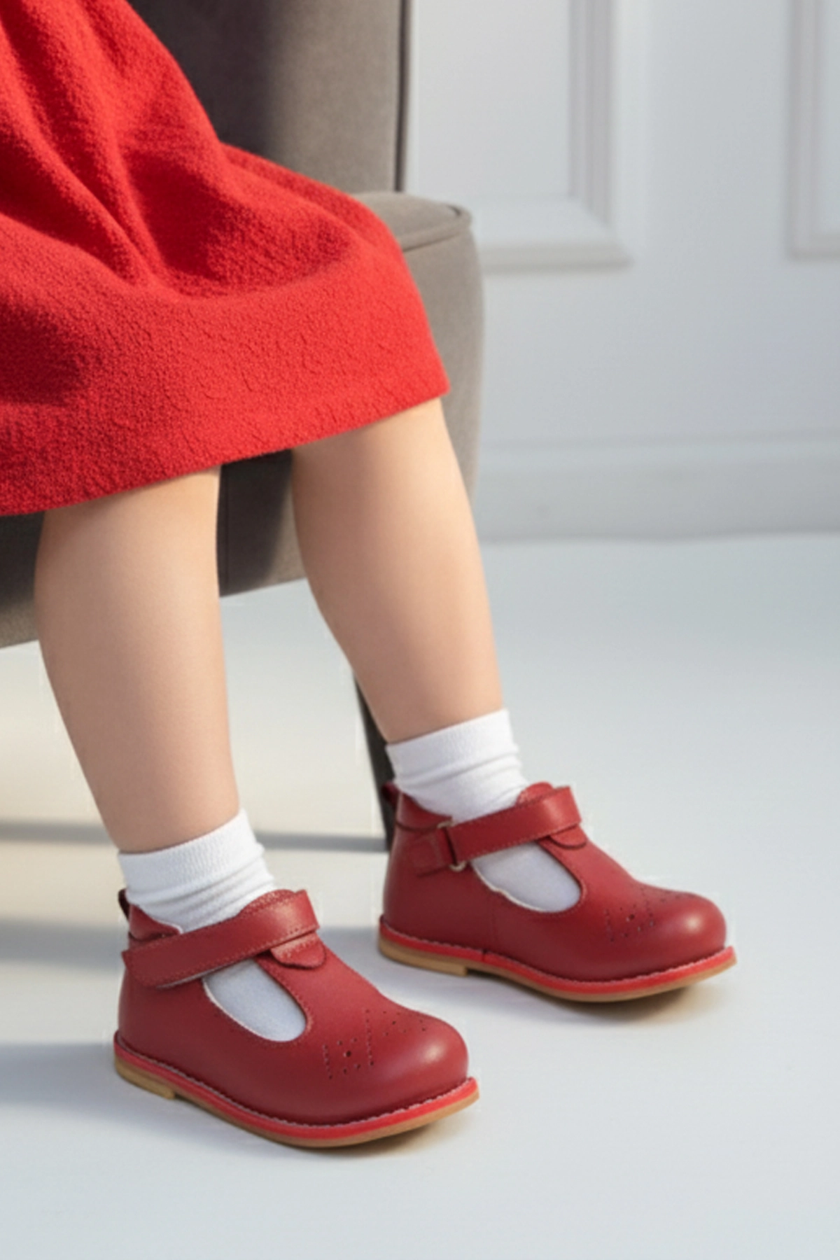 Hakiki Deri Cırtlı Ortopedik İlkadım Ayakkabı Kırmızı CV-473